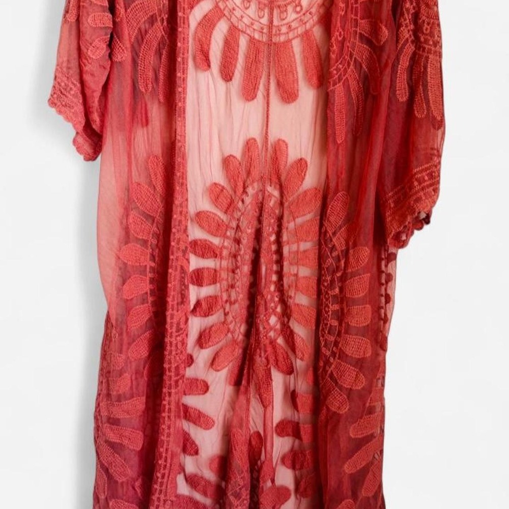 Rebellion Coral Pink Sheer Kimono Red Floral Embroidery M